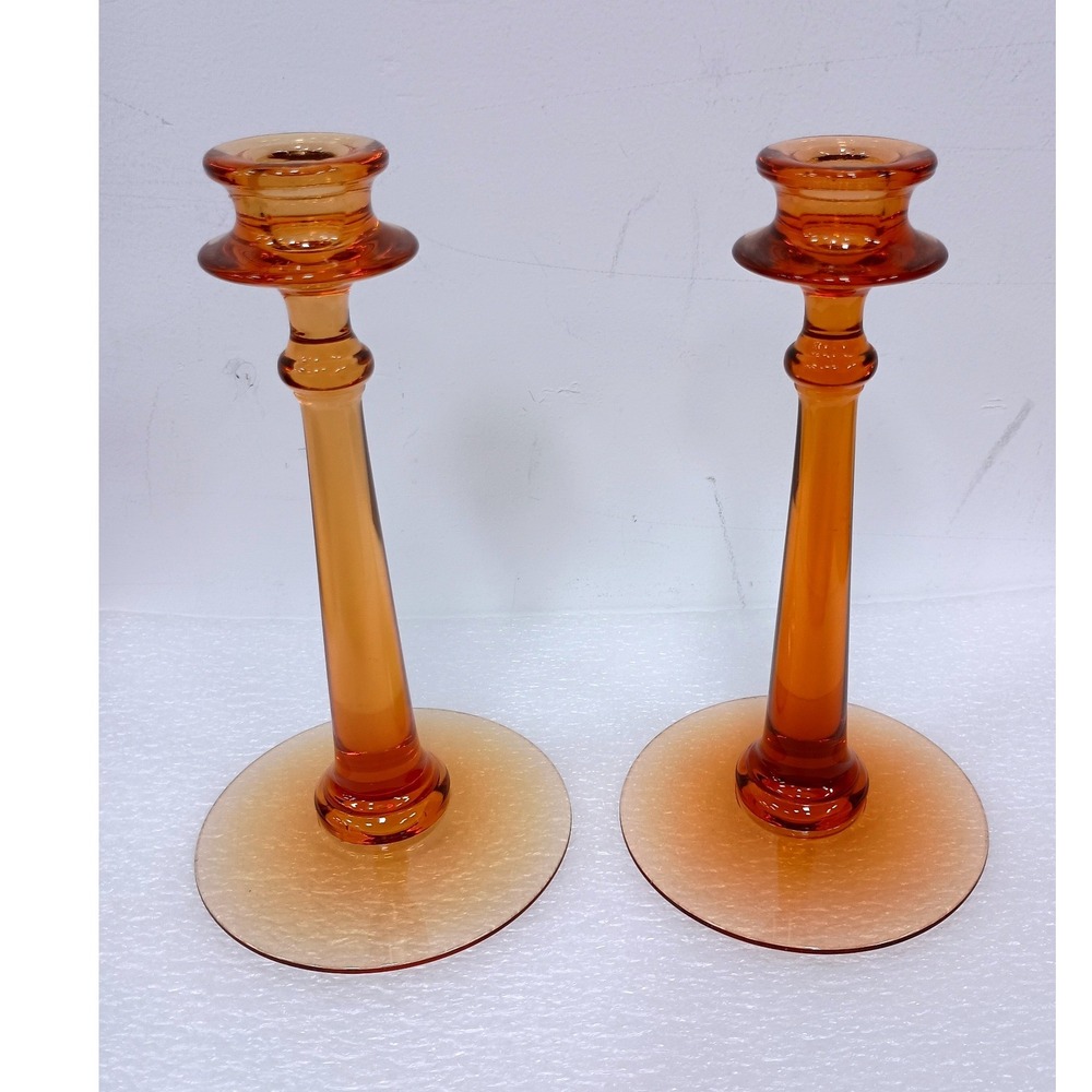 Vintage Fostoria Amber Glass Tall Candlestick Holders Set of 2 Mid Century